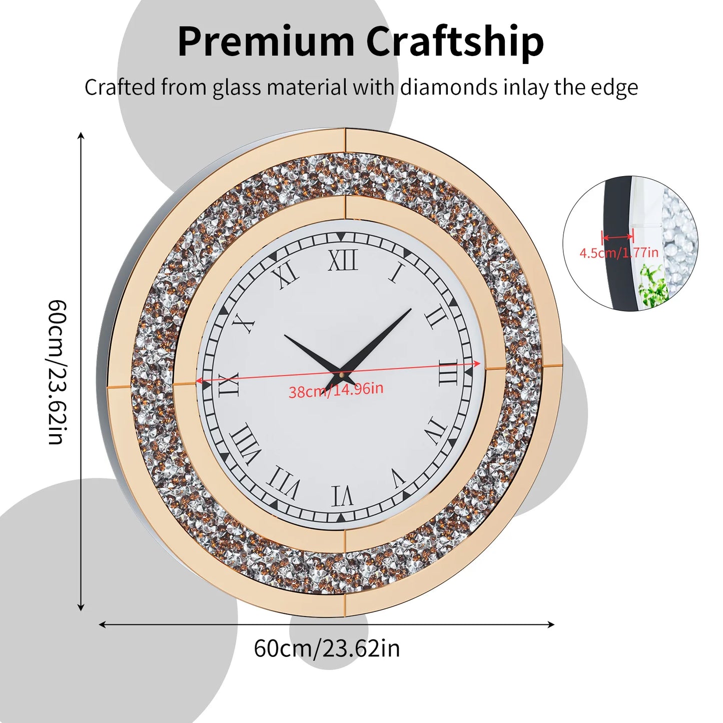 Round Mirror Wall Clock For Living Room Decor Elegant