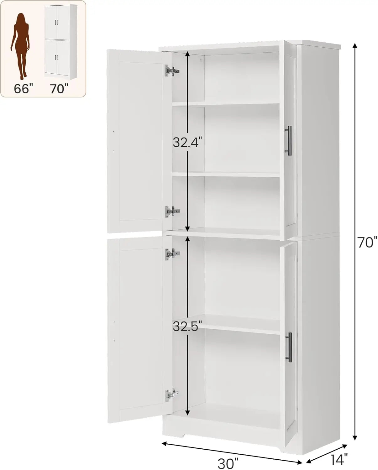 Studyset Freestanding Kitchen Pantry Cabinet Four Doors Adjustable Shelves