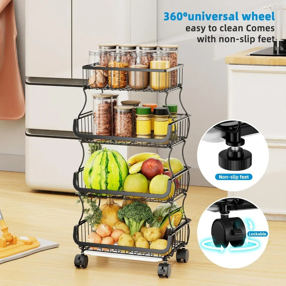 Four Tier Rolling Cart With Wheels Stackable Wire Baskets Kitchen
