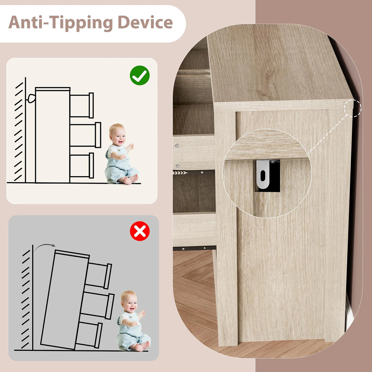 Acekool Modern Handleless Wooden Storage Dresser for Bedroom and Living Room