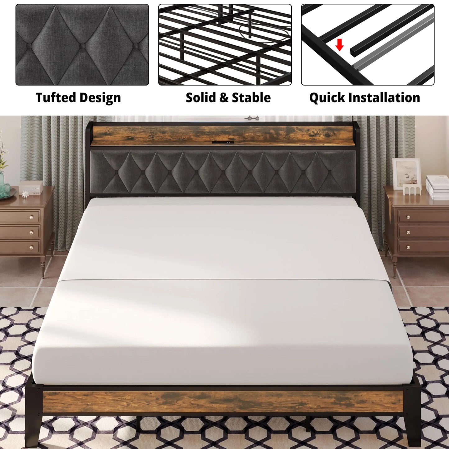 ANCTOR Storage Headboard Bed Frame With Outlets No Box Springs Needed