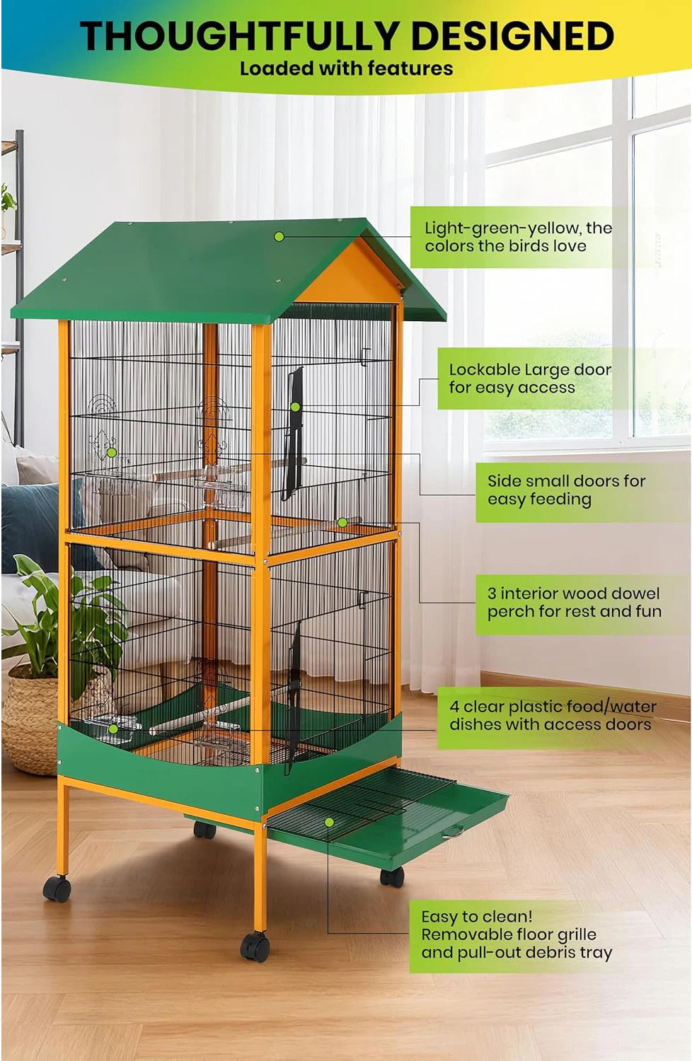 HiMISSCN Wrought Iron Parrot Cage Roller Play Center