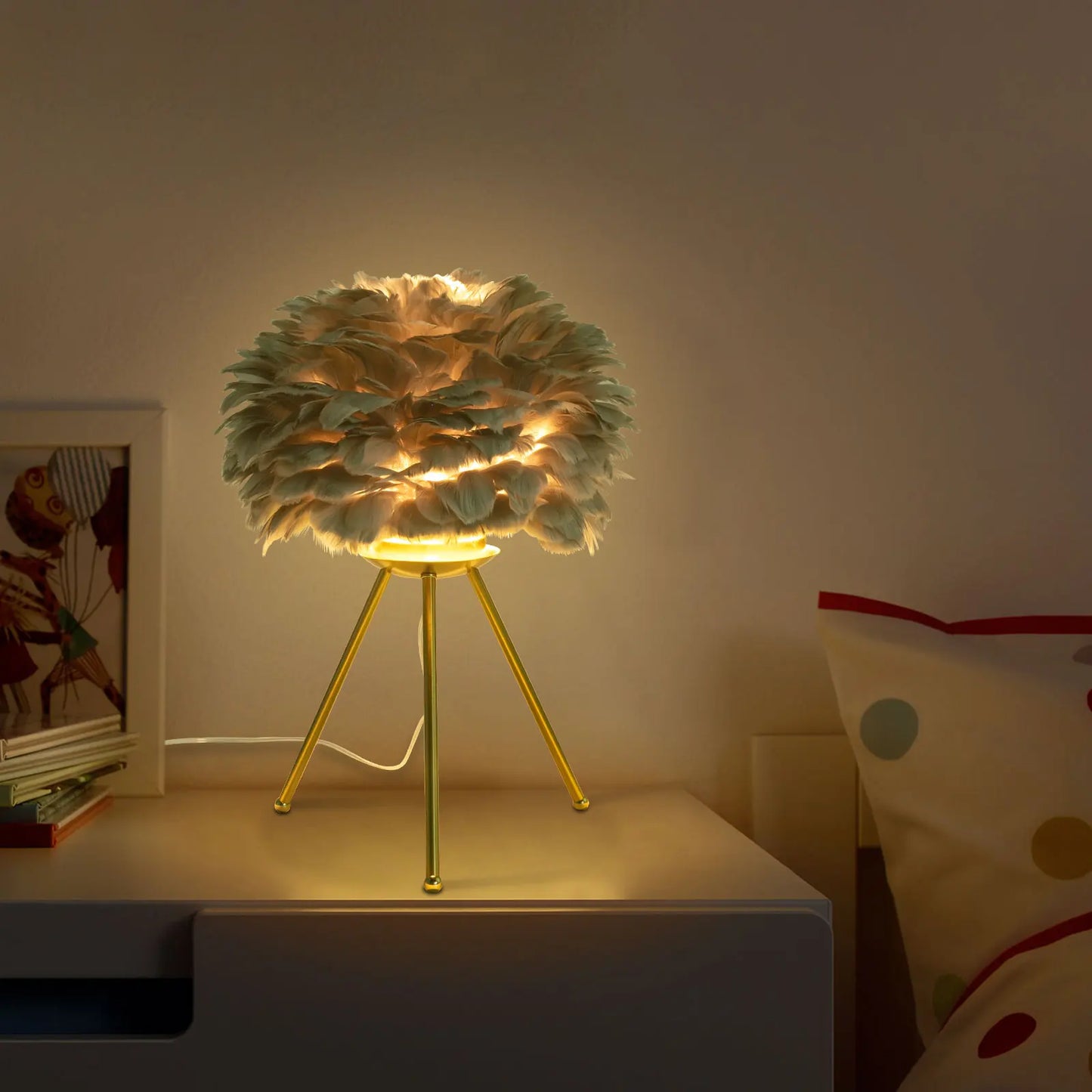 Grey Feather Tripod Desk Lamp For Study Living Room