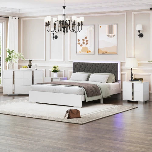 Upholstered Bedroom Set With LED Bed And Mirrored Dresser