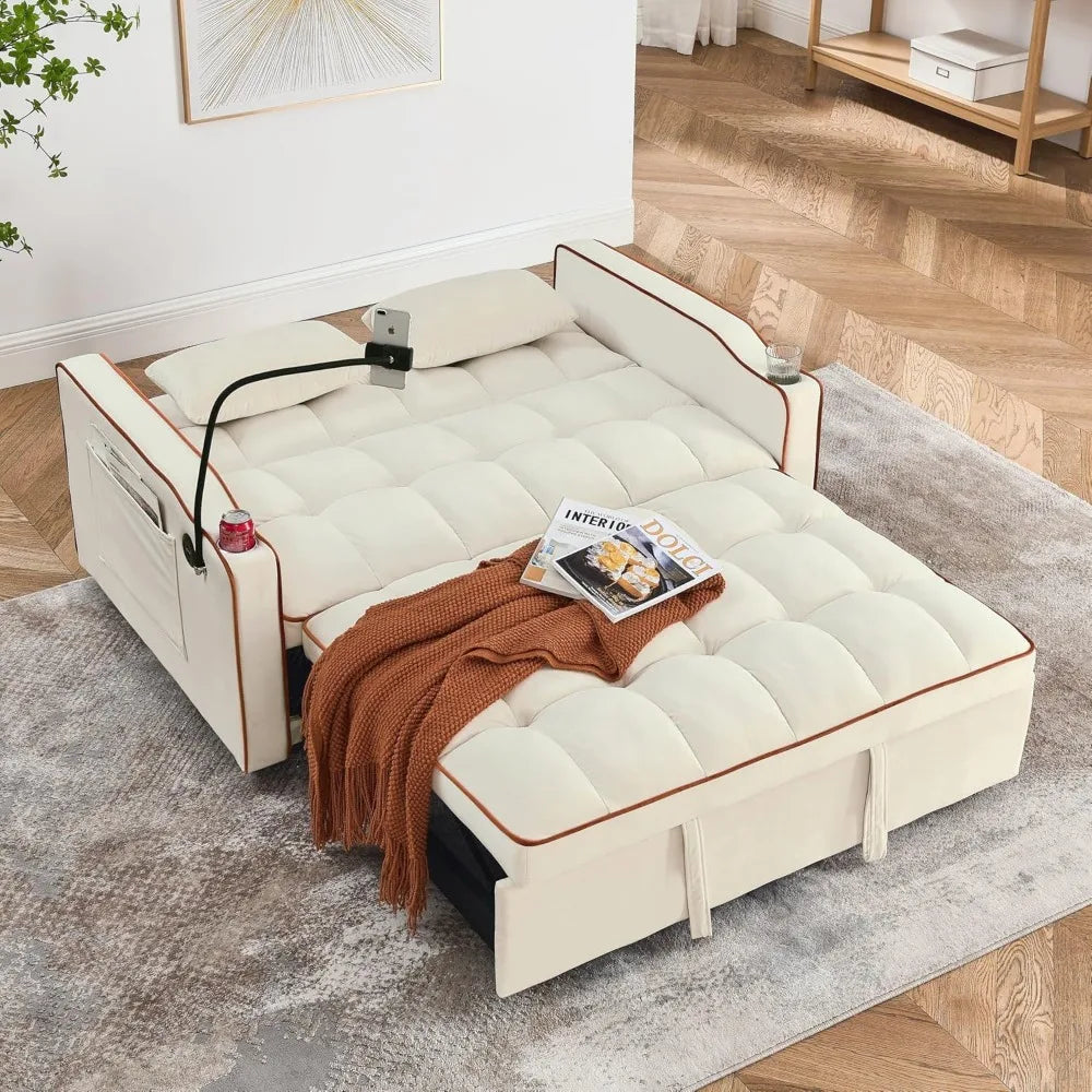 Foldable Sofa Bed with USB Ports Modern Velvet Loveseat Sleeper Couch