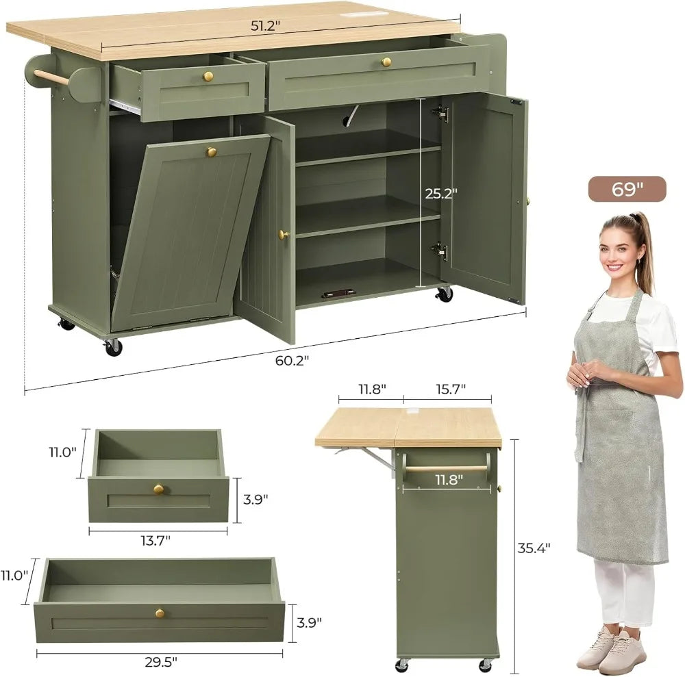 Kitchen Island Storage Rolling Cart Power Outlet Spice Rack
