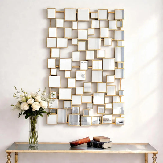 Modern Wall Mirror With Metal Frame Mosaic Design Accent
