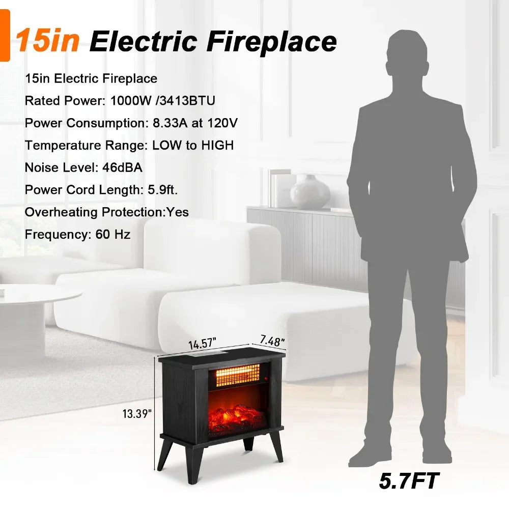 1000W 15 Inch Electric Fireplace Heater Freestanding Wooden Stove with 3D Flame