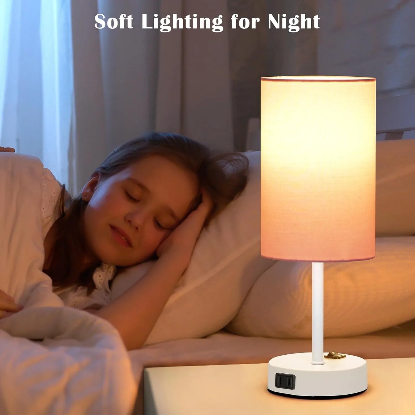 Pink Fabric Shade Nightstand Desk Lamp with White Base for Home Decor