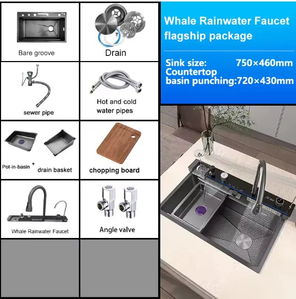 304 Stainless Steel Kitchen Waterfall Sink Digital Display