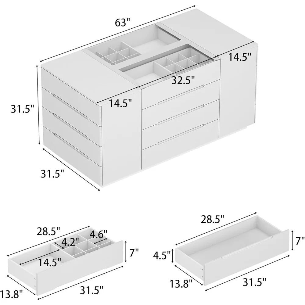 MKDK LED Illuminated Glass Top Bedroom Armoire 16 Drawers