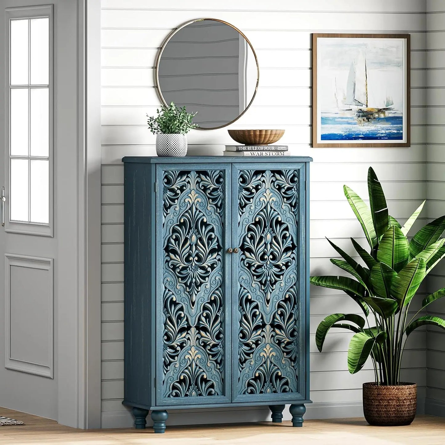 Accent Cabinet With Mandala Carved Doors Engineered Wood Storage