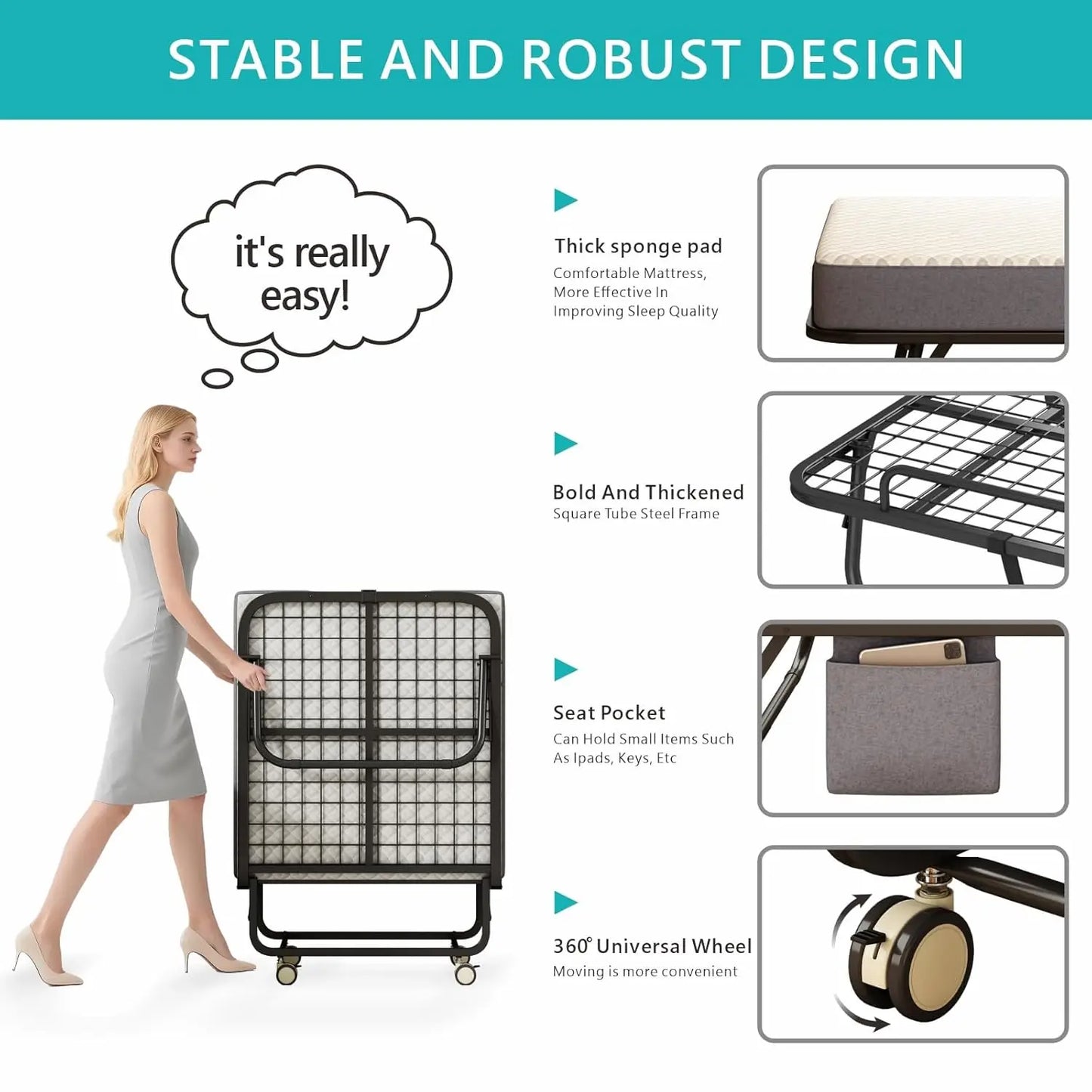 Foldable Rollaway Guest Bed With Memory Foam Mattress