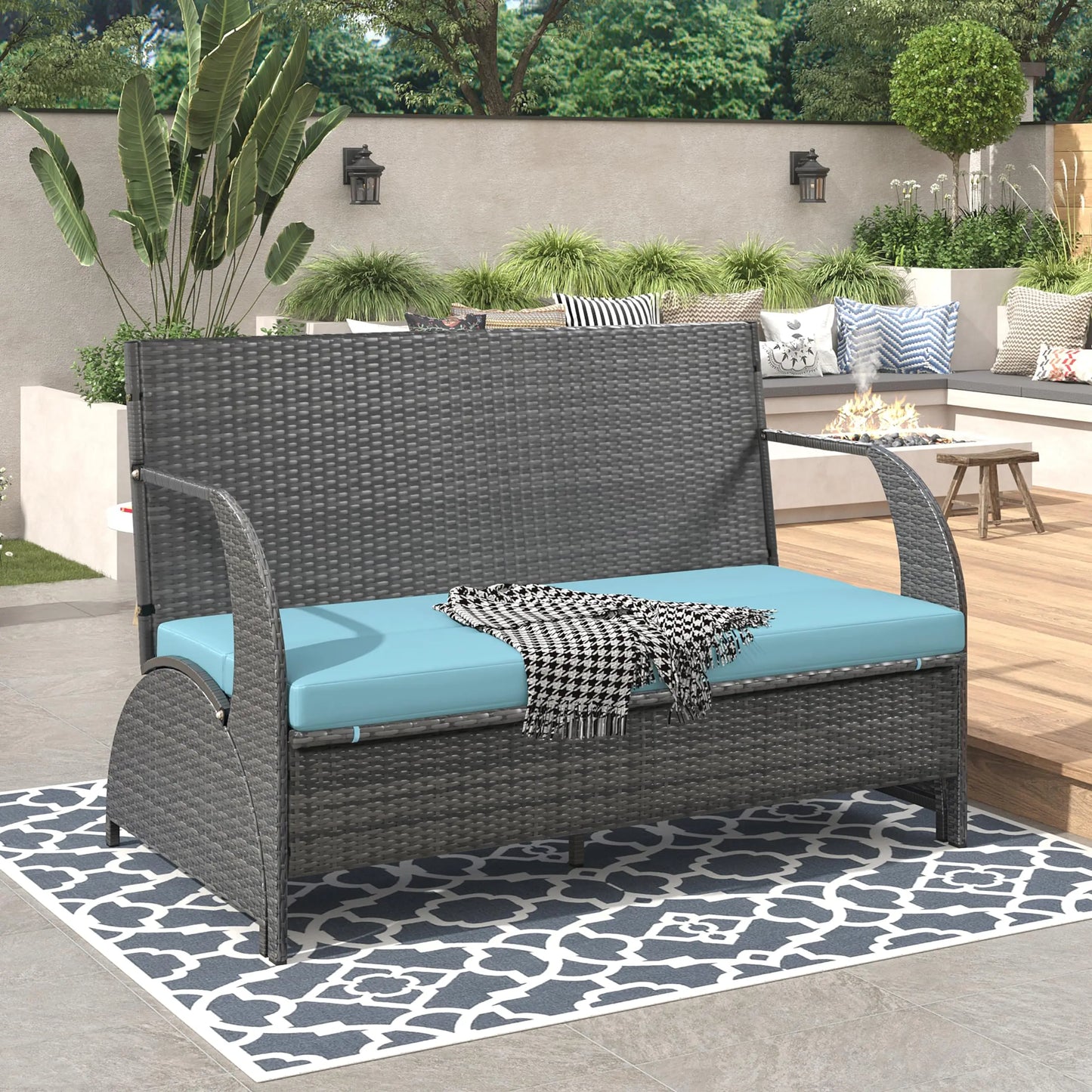 Outdoor Rattan Loveseat Convertible Picnic Bench Table