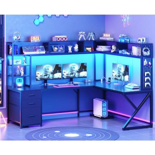 MDNG L Shaped Gaming Desk With Storage Drawers Hutch