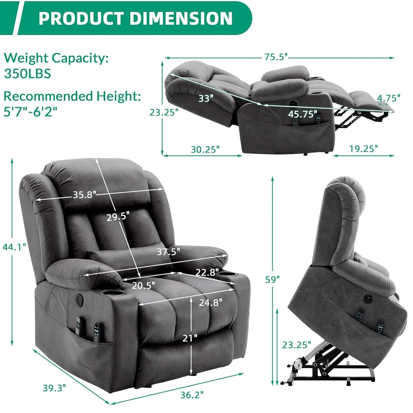Tall Man Dual Motor Power Lift Recliner Chair With Extended Footrest