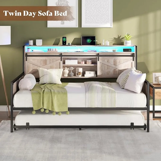 Rustic Twin Daybed with Trundle and Sliding Barn Door Headboard Featuring LED Light