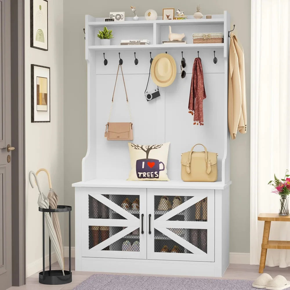 Farmhouse Hall Tree with Coat Hooks and Storage Bench for Entryway in White