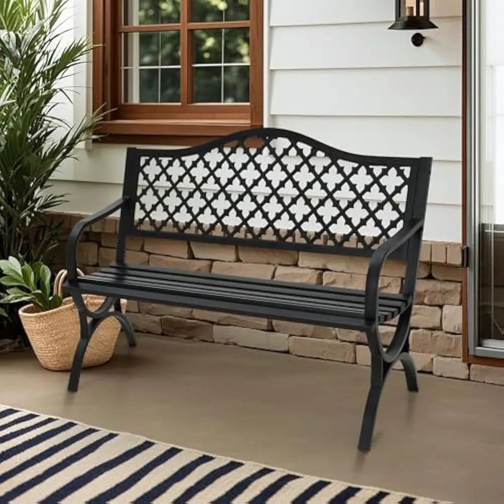 Outdoor Cast Iron Bench With Floral Backrest Arch Legs