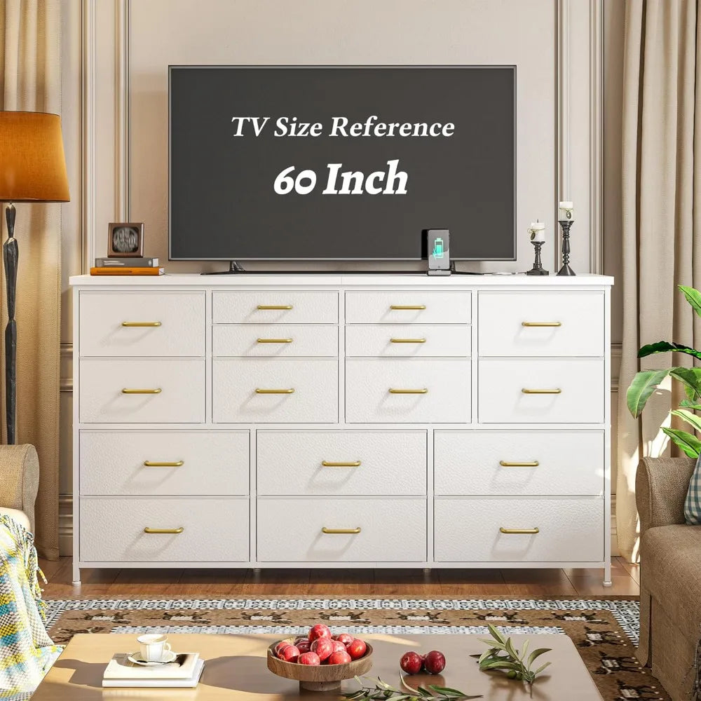 16 Drawer Dresser With Charging Station And Fabric Storage