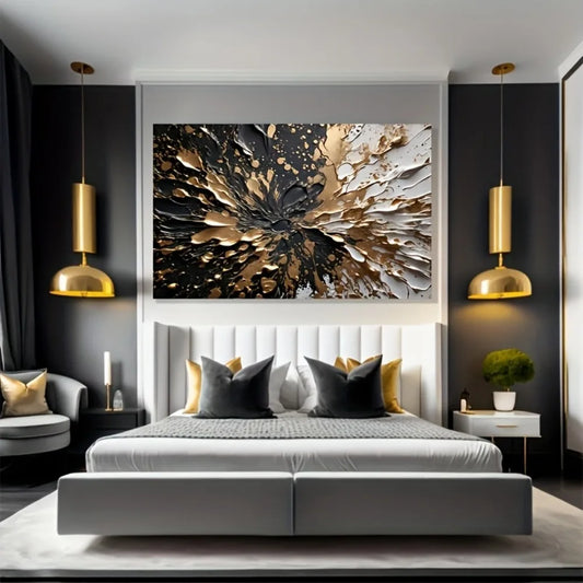 Modern Abstract Black Gold Ink Splash Wall Mural with Solid Wood Frame