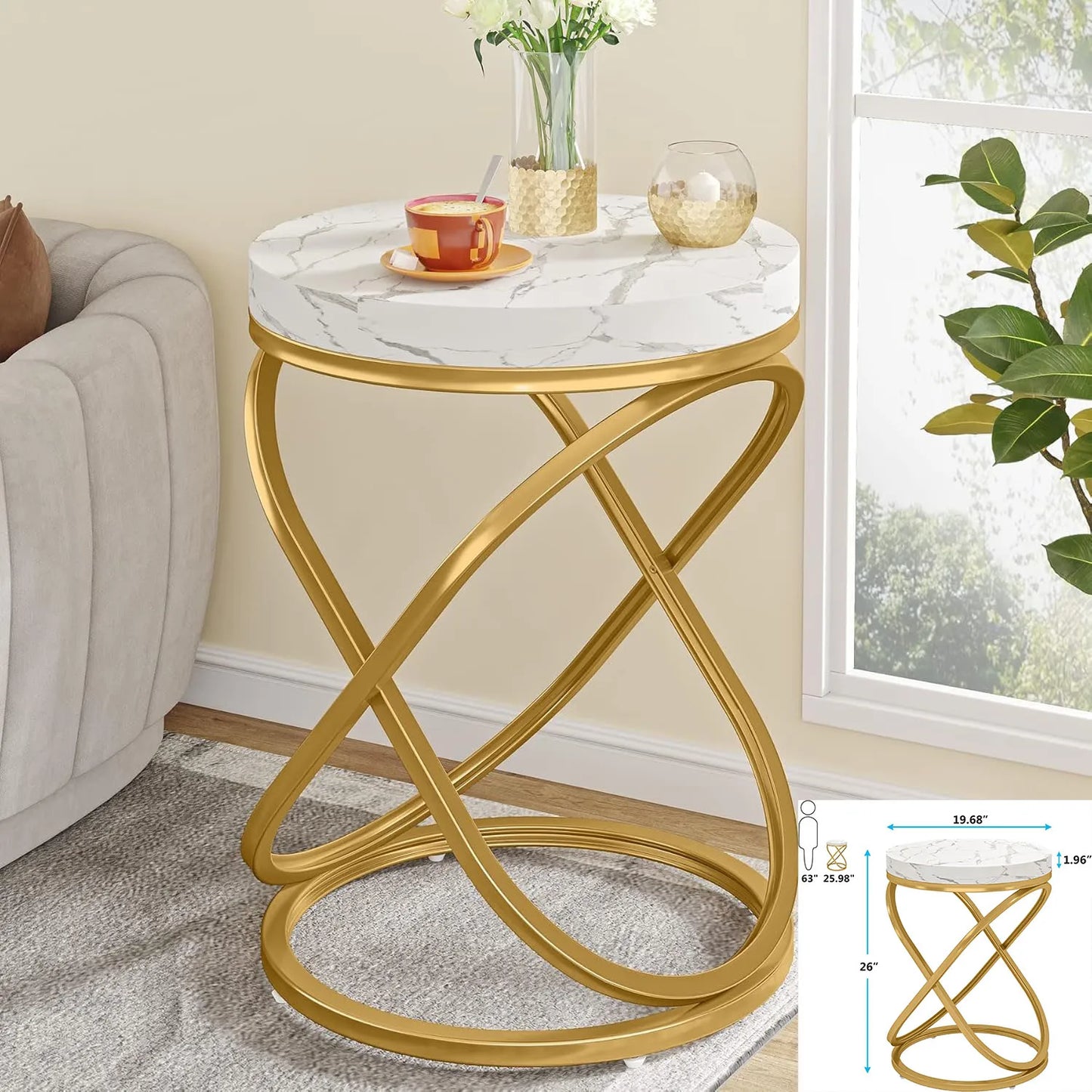 Modern White Gold Square End Table with Storage 2-Tier Faux Marble Design