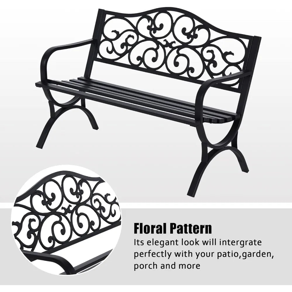 Outdoor Cast Iron Bench With Floral Backrest Arch Legs