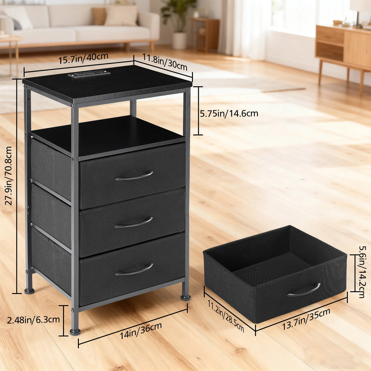 JHK Fabric Drawer Nightstand With Charging Station USB Ports