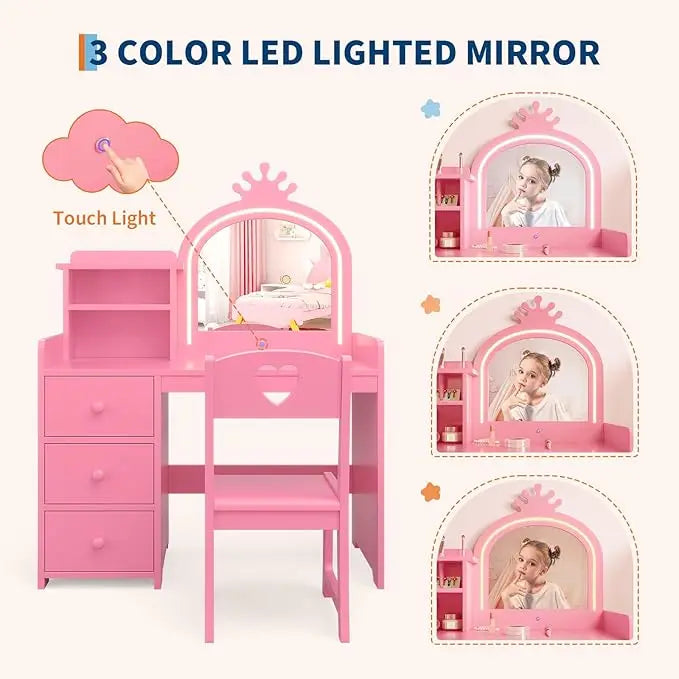 Kids Vanity With Lights Princess Makeup Desk Chair