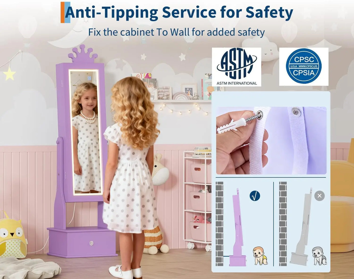 HiMISS Kids Jewelry Armoire With LED Mirror Lockable Drawers