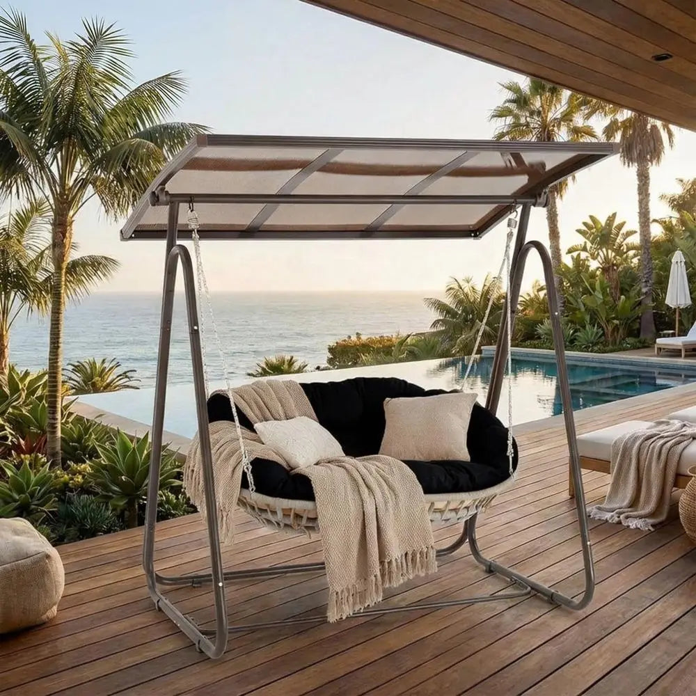 Weatherproof Rattan Swing Chair With Cushions And Adjustable Hardtop For Patio