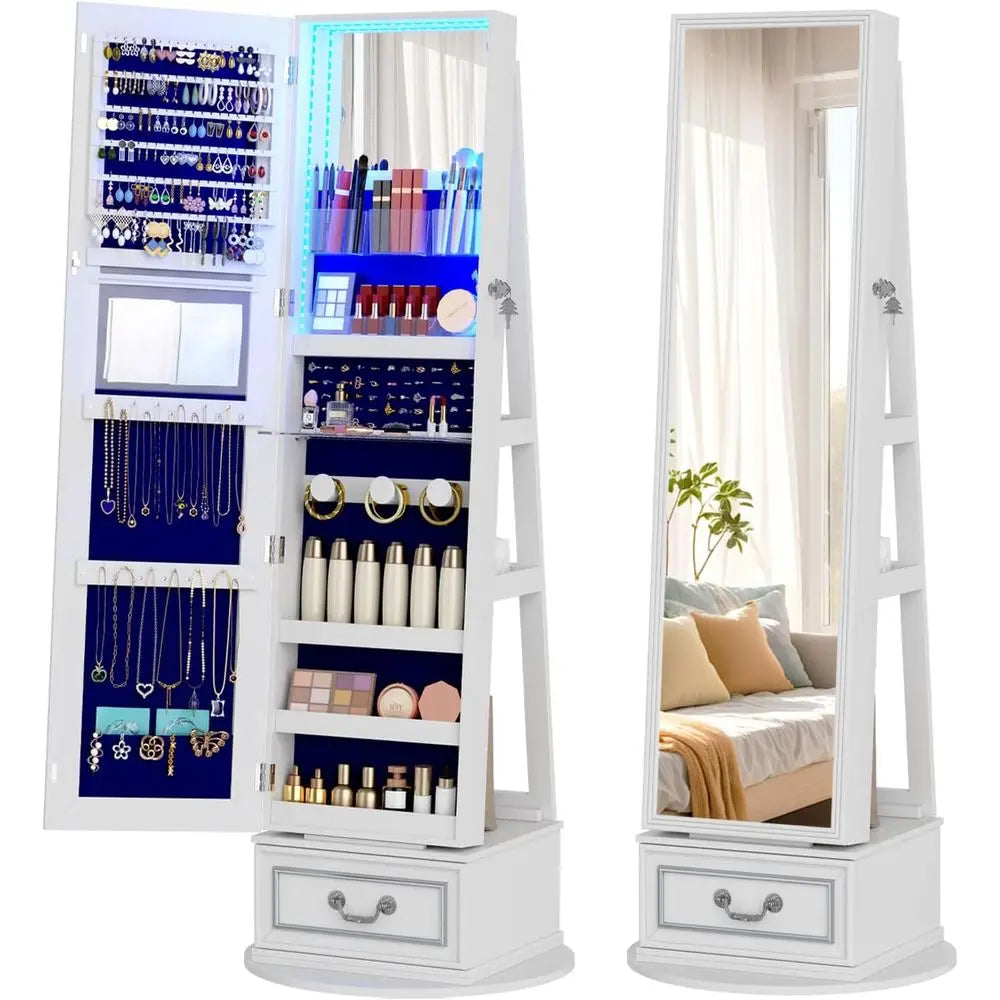 360 Degree Swivel Lockable Jewelry Armoire With Led Lights