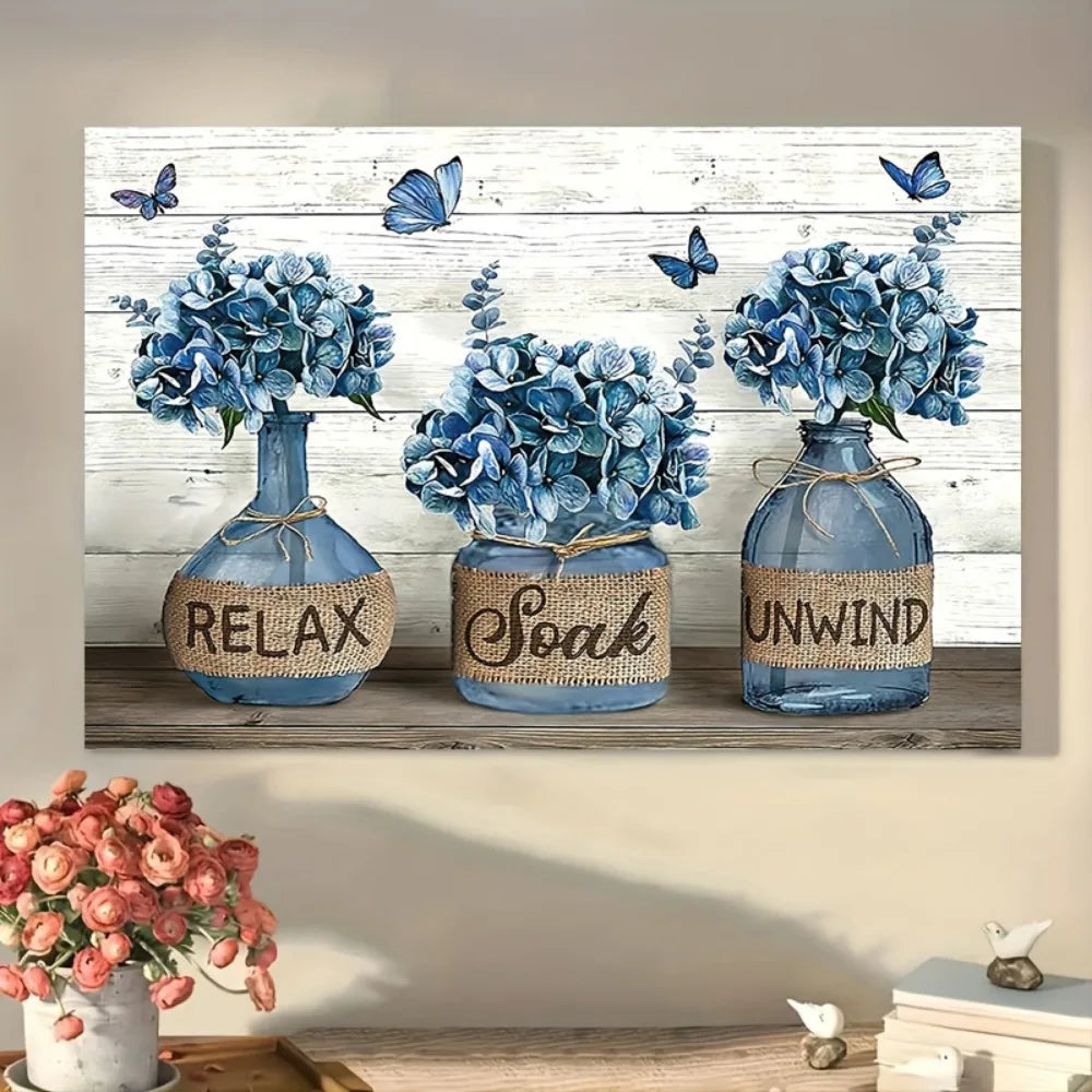 Art Deco Blue Daffodil Canvas Wall Art with Wood Frame for Home Decor
