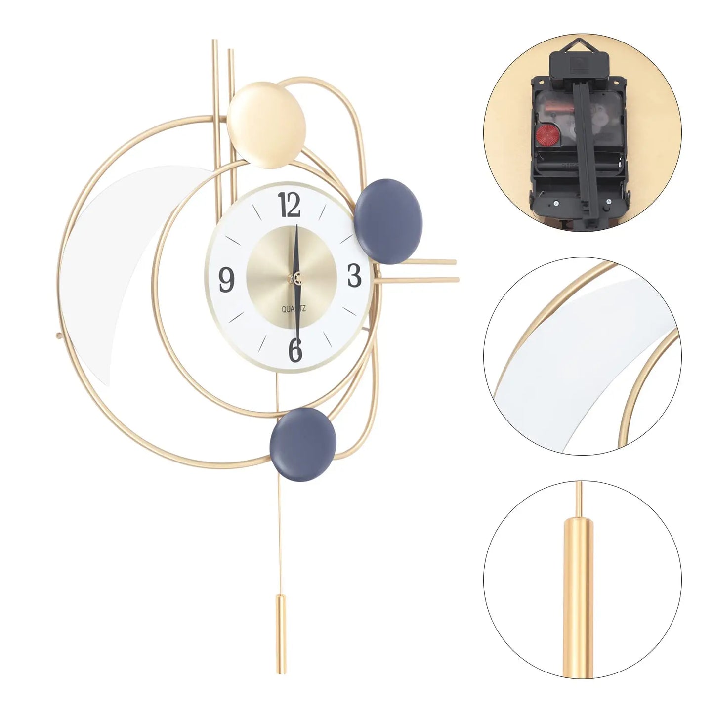 Large Modern Metal Wall Clock With Silent Swing Pendulum