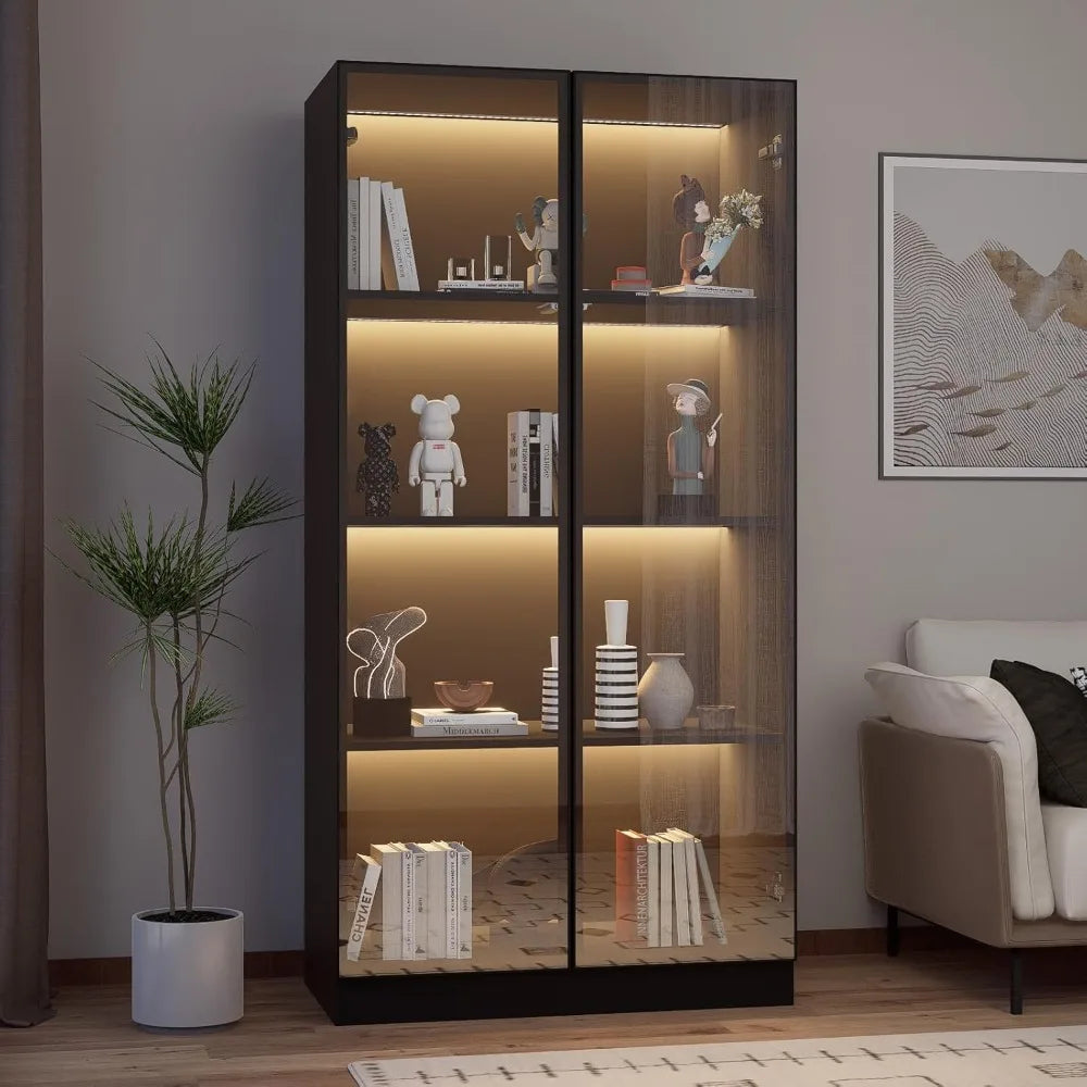 Modern Glass Display Cabinet with LED Lights and 4-Tier Shelves