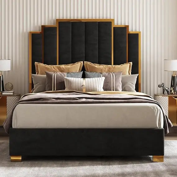 Ticify Upholstered Bed With Tall Headboard And Trim