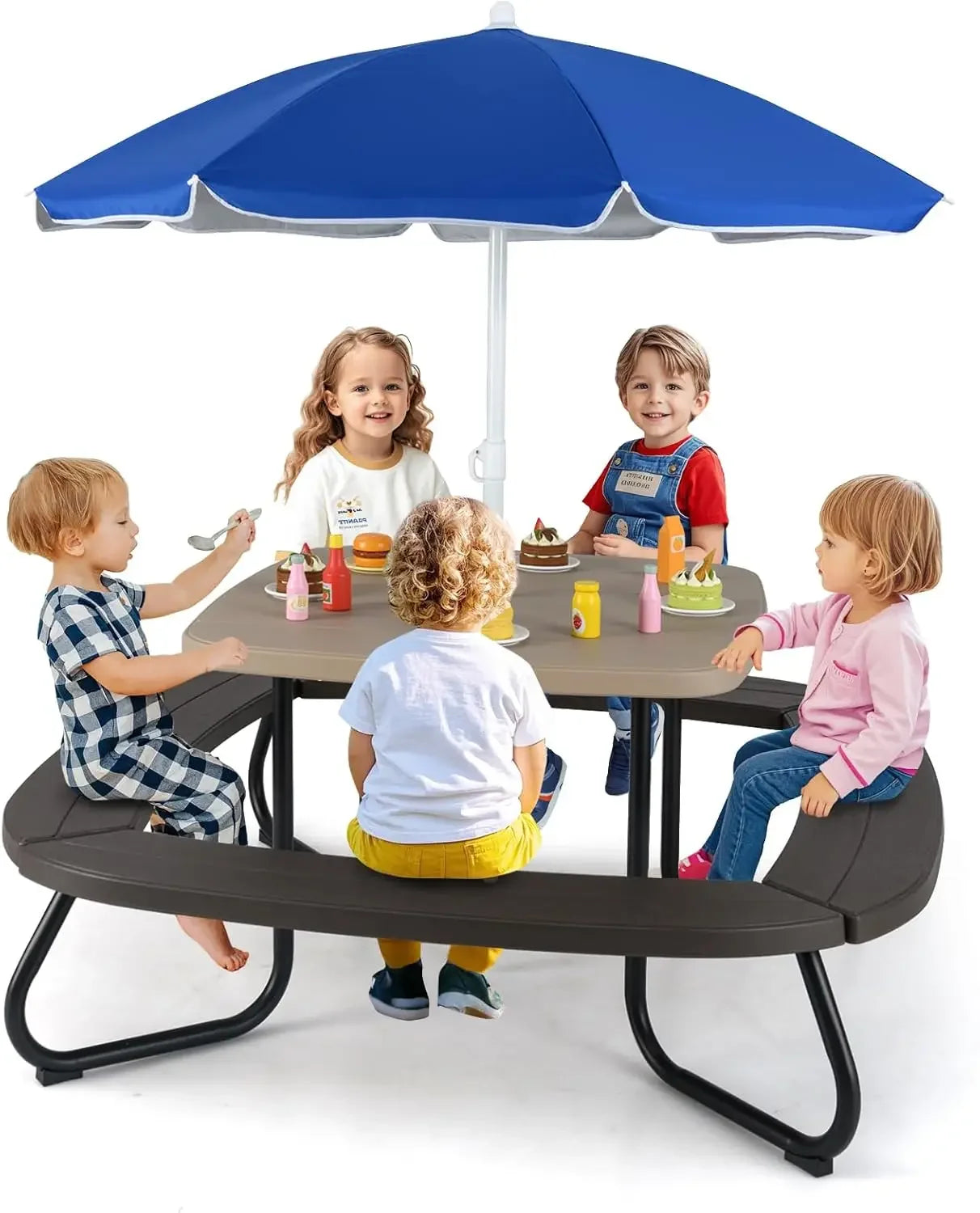 ANGDUO Kids Picnic Table Outdoor Table and Chair Set with Removable Umbrella and Metal Frame