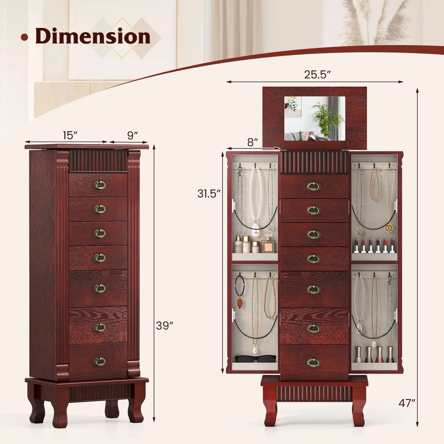 Standing Jewelry Armoire With Mirror Seven Drawers Wooden Cabinet