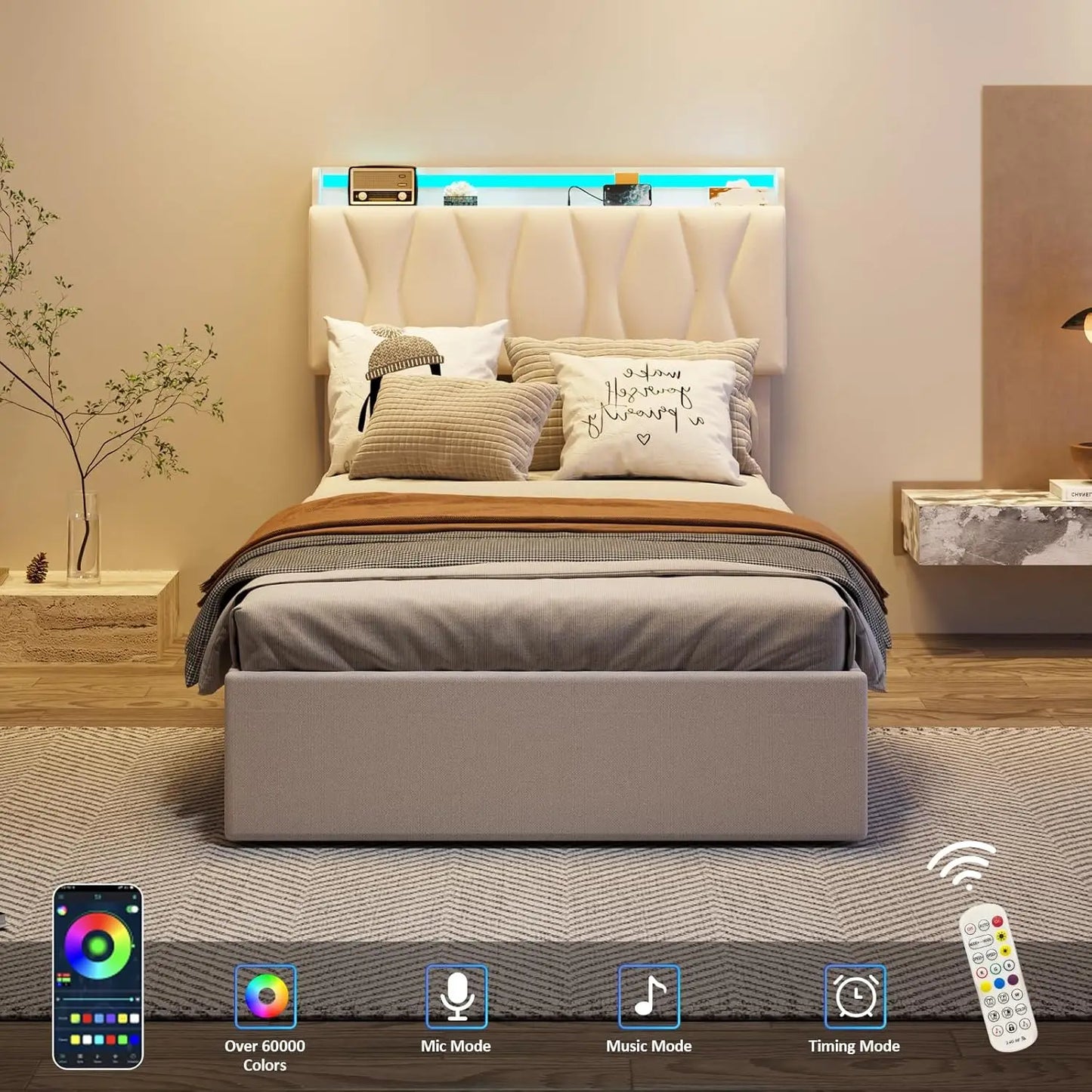 Vabches Lift Up Bed Frame With Storage Headboard And Led