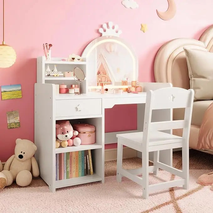 Kids Vanity With Lights Princess Makeup Desk Chair