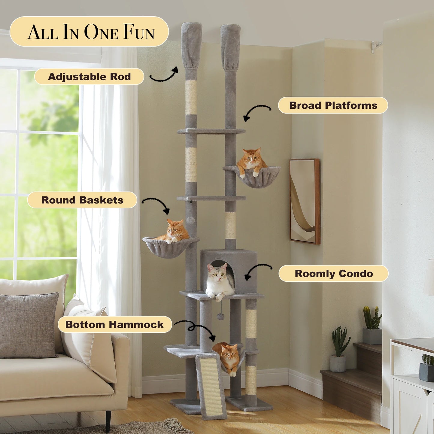 PAWZ Road Cactus Cat Tree Floor To Ceiling Tower 7 Tiers