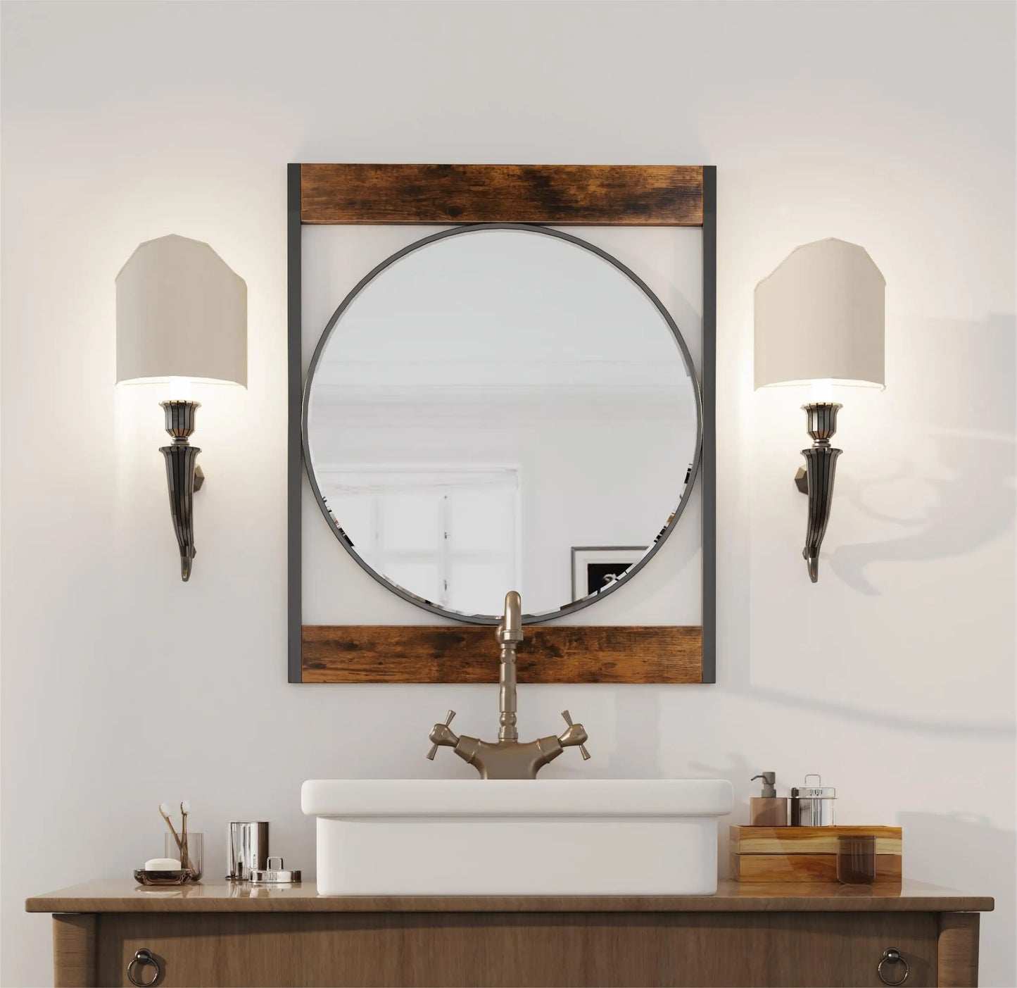 Industrial Metal Wood Frame Wall Mounted Decorative Mirror