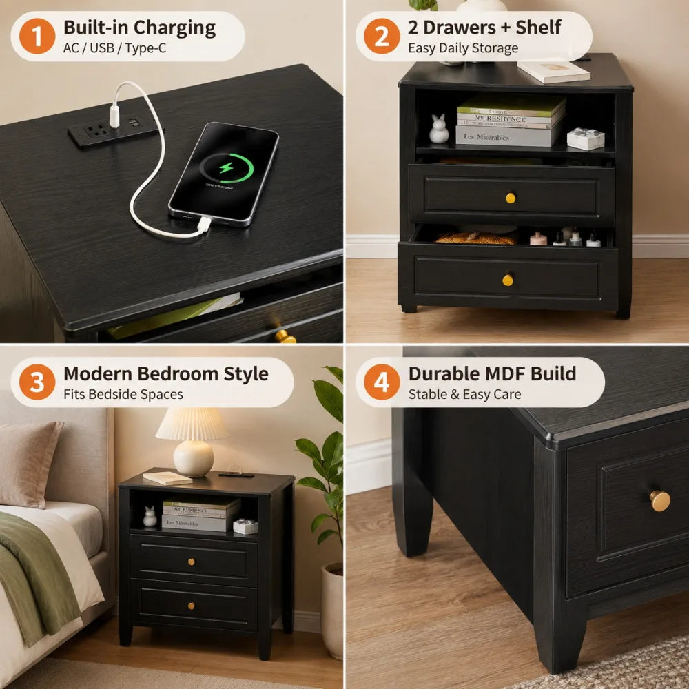 Modern Wooden Nightstand With Charging Station Open Shelf