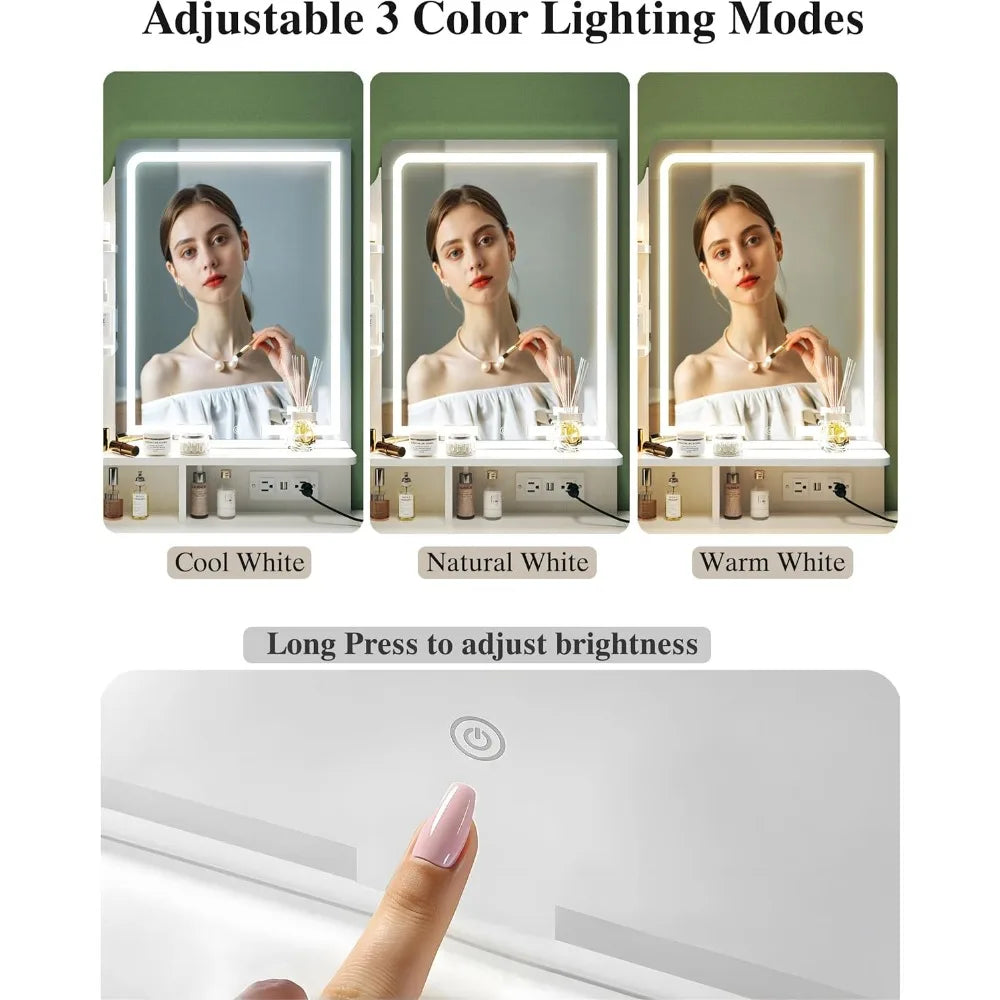 Makeup Vanity with Foldable Panel and Power Outlet