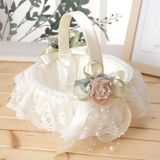 Romantic Wedding Flower Girl Basket With Lace Pearl Decor