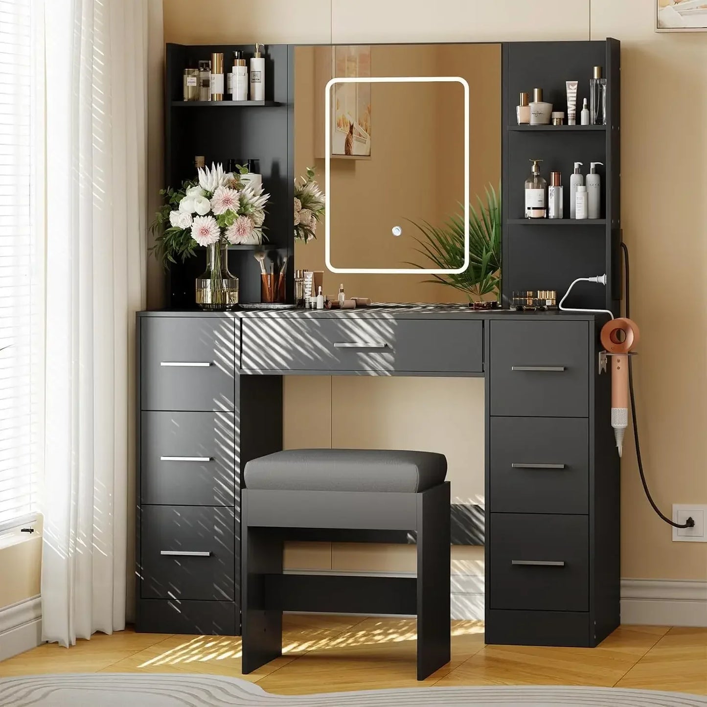Vanity Table with Large Mirror and Adjustable LED Lighting and Chair