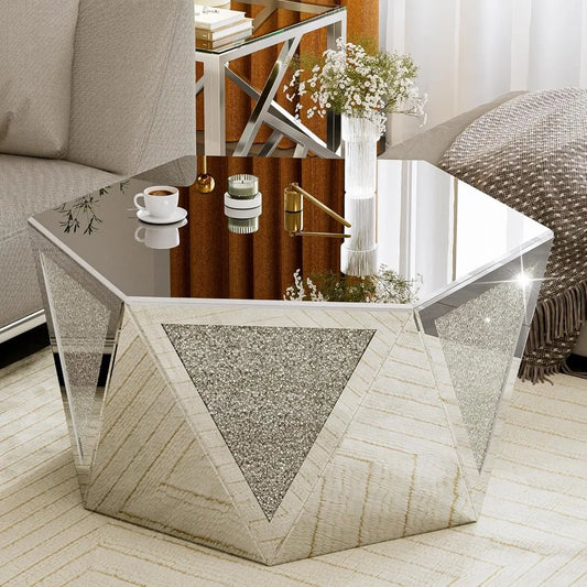 Mirrored Crushed Diamond Coffee Table Hexagon Silver