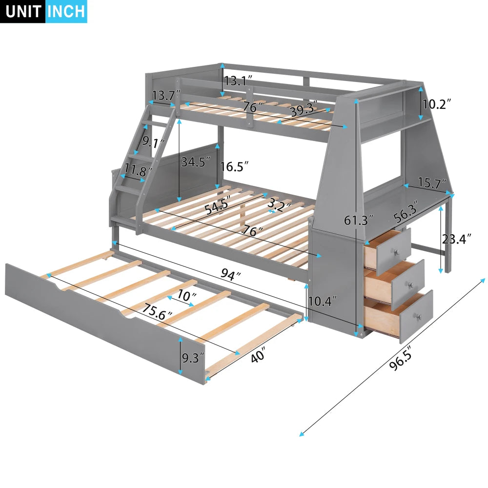 Modern Pine Wood Bunk Bed With Trundle And Built In Desk