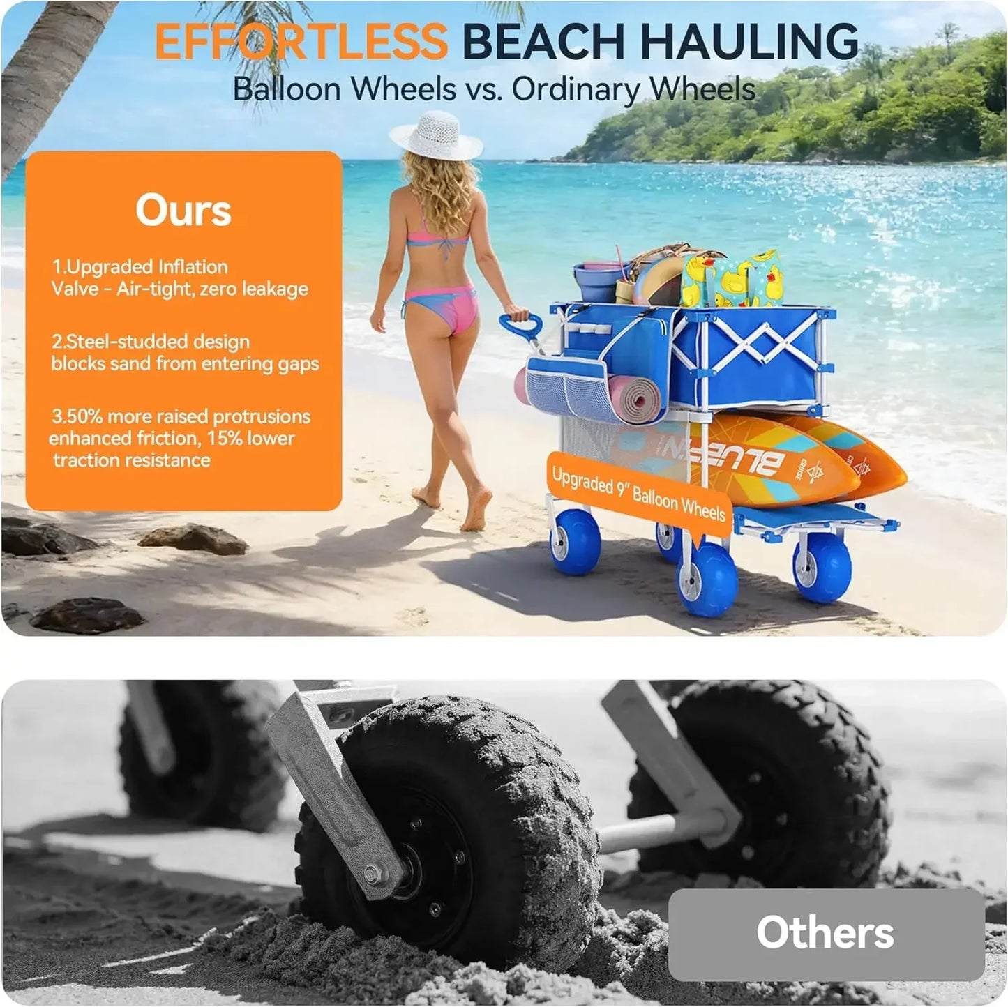 Double Decker Foldable Beach Wagon All Terrain Cart With Balloon Wheels