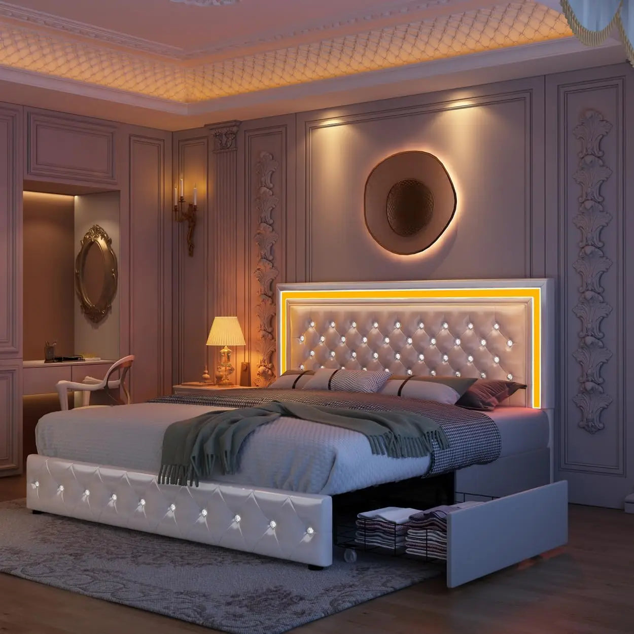 Bed Frame With LED Lighting And Stowaway Storage Drawers